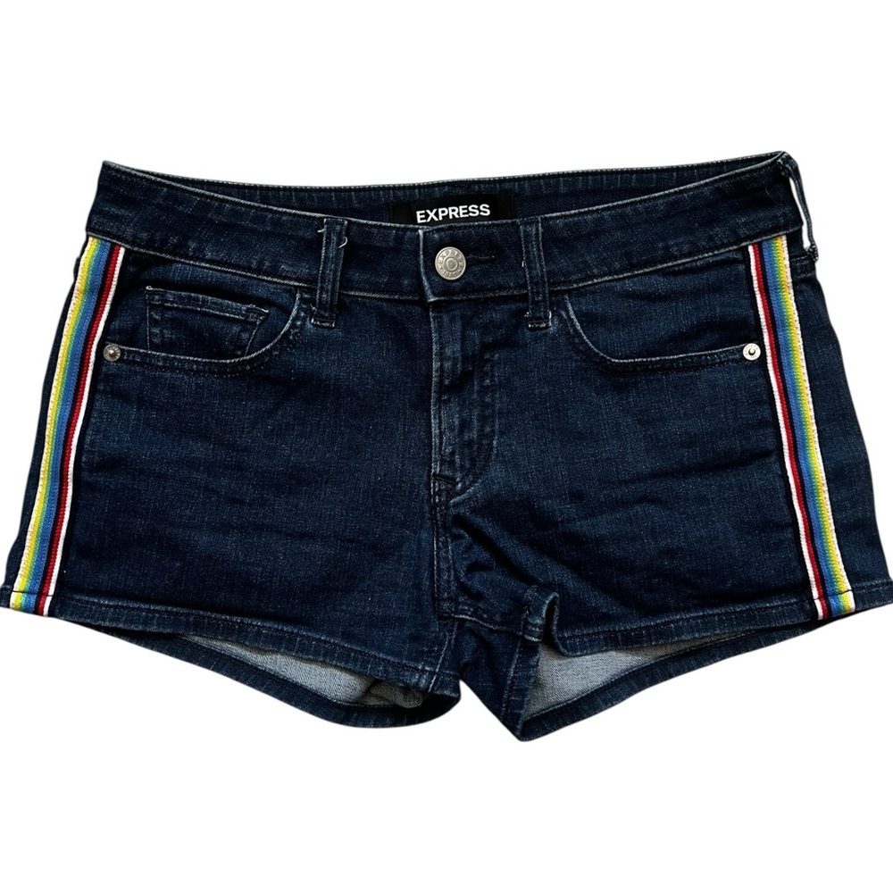 Express Dark Blue Jean Shorts Low Rise Rainbow Stripes EUC 2